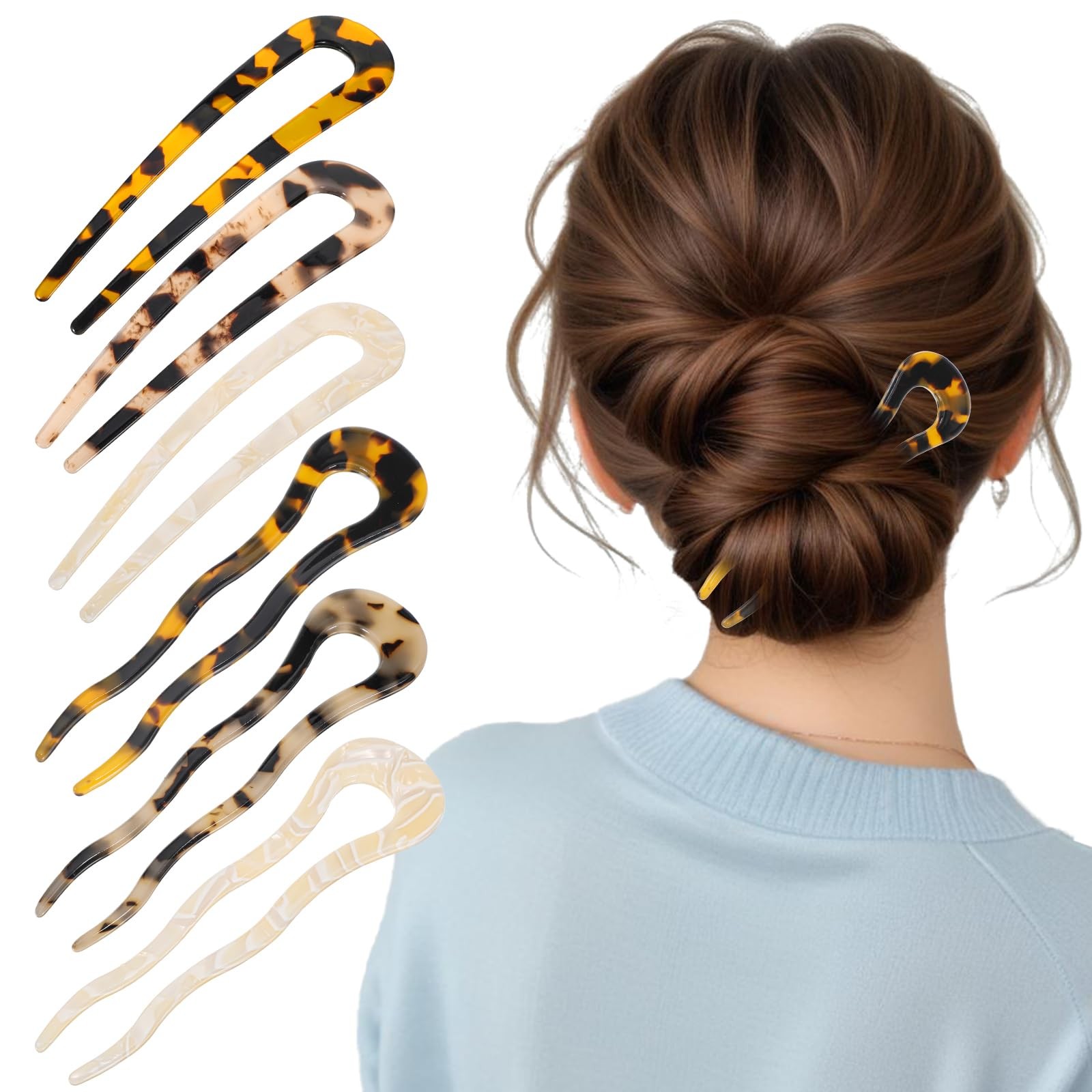 6 Pcs French Hair Pin Tortoise 4.52× 1.22 Inch, yellow, beige, tortoise shell