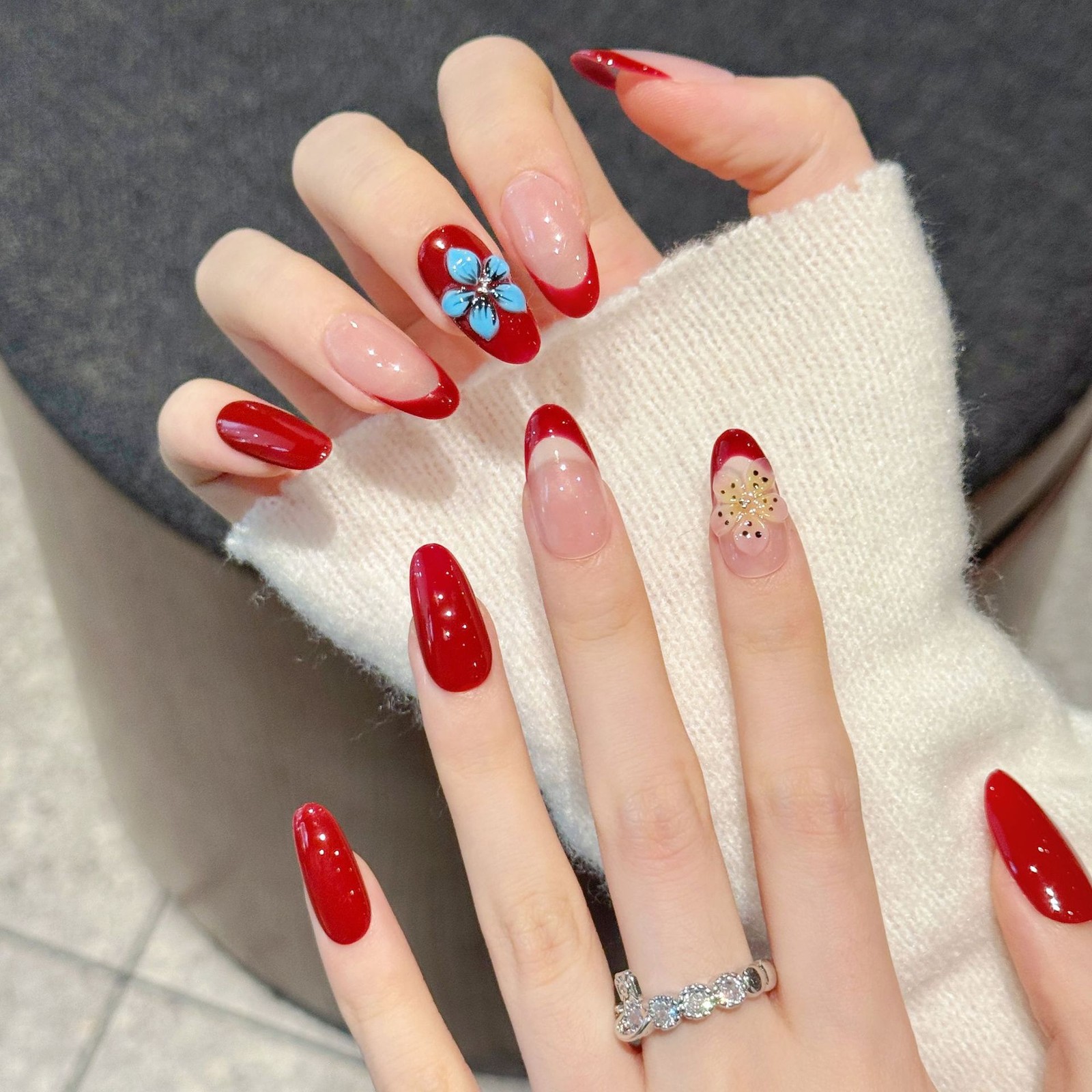 10Pcs Red French 3D Carved Medium Almond Press On Nails Chinese Style Nails