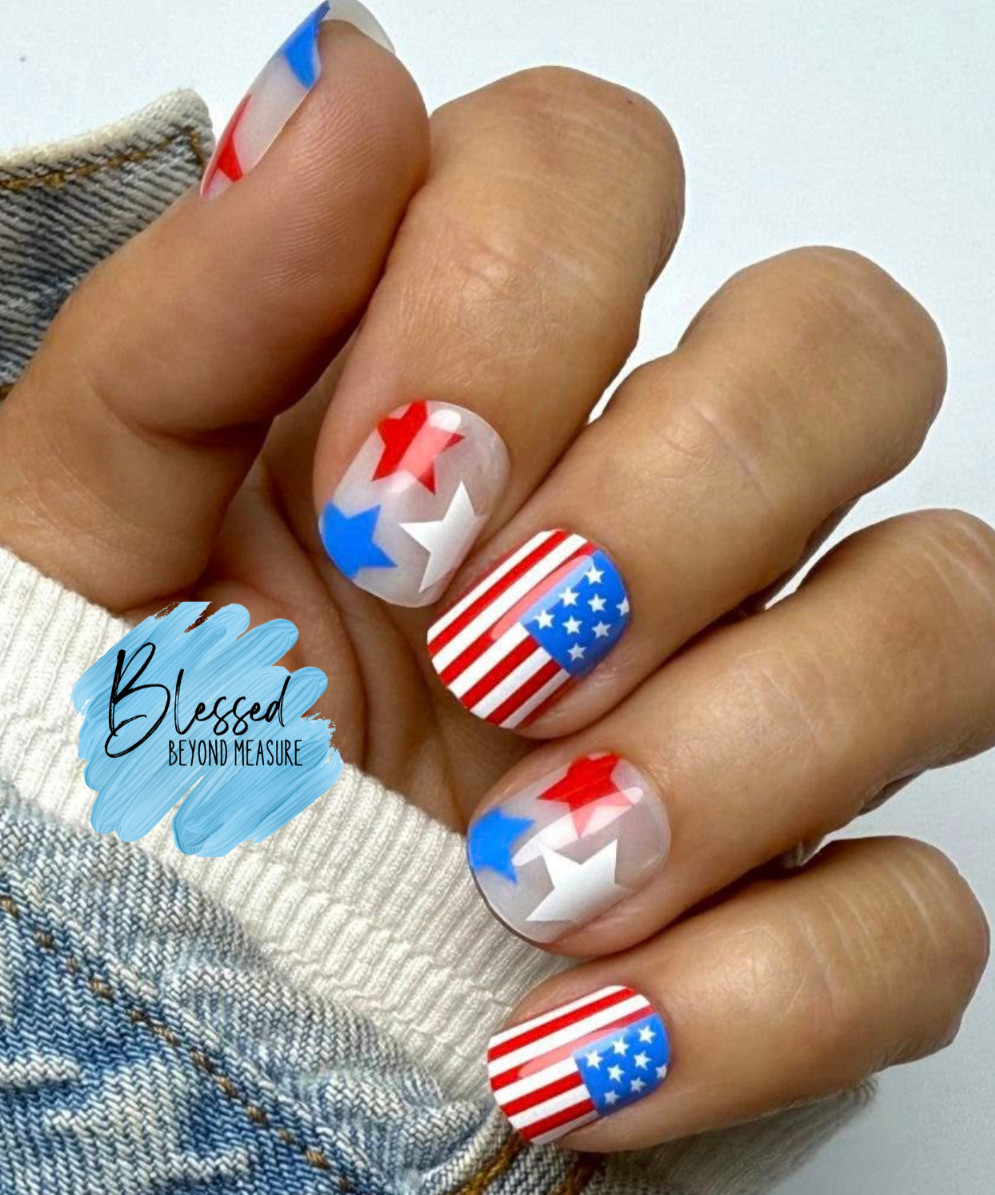 Red Aspen Press On Nails~Star Spangled, Sarah American Flag Stars Short Square