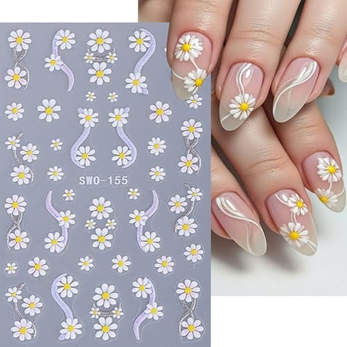 Flower Nail Stickers 3D Self-Adhesive Colorful Floral Nail Art White Daisy