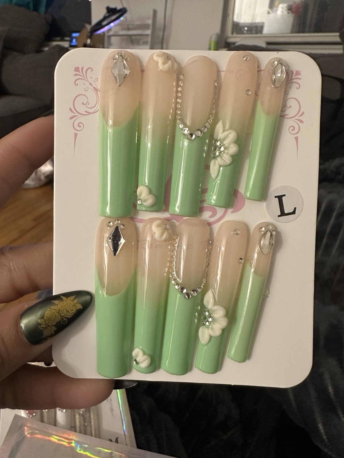 Press-On Nails Long Square Green Nude White 3D Flower Shiny French Acrylic