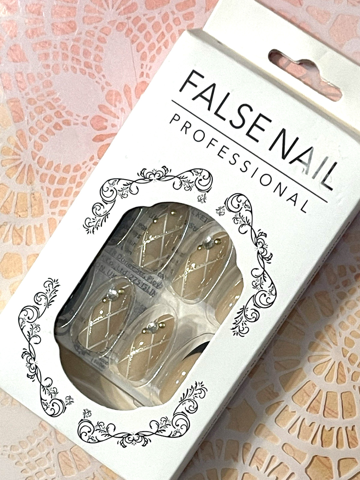 False Nail Professional DIAMOND PATTERN FRENCH TIP NUDE with BLACK FRENCH, STONE