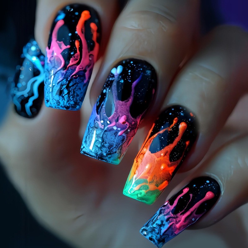 48pcs-Glow-in-the-Dark Fake Nails with Neon Drip Art and Galaxy Sparkle Details
