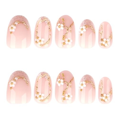 Flower Press on Nails Short Almond Fake Nails Glitter French Tip White Flower 1
