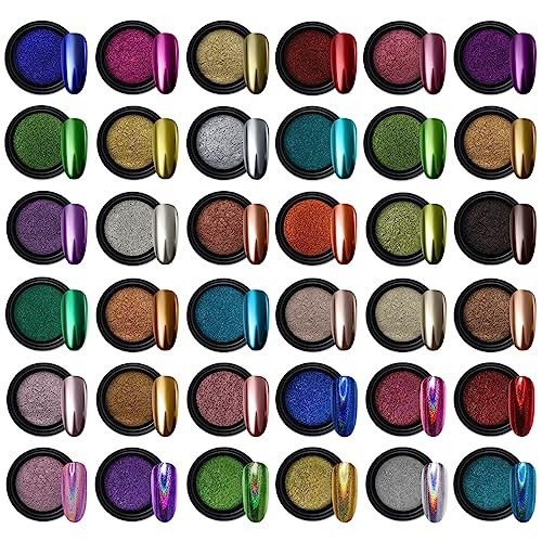 36 Jars Nail Powder Set – Metallic Mirror Holographic Chameleon Pigment for Nail