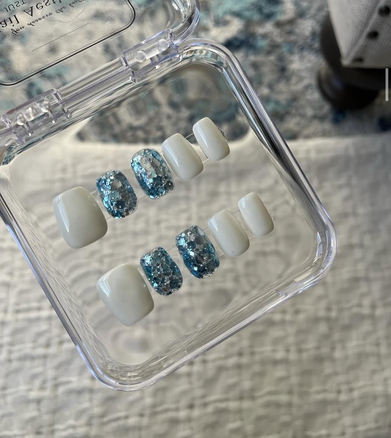 Press-On Nails Long Square Blue Silver Shiny Glitter Full Cover Pre-Designed Set