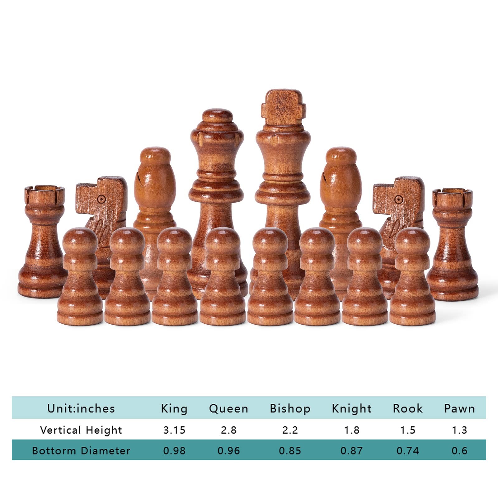 Wooden Chess Pieces Only, 32 Piece Tournament Staunton 3.15 inches, Brown