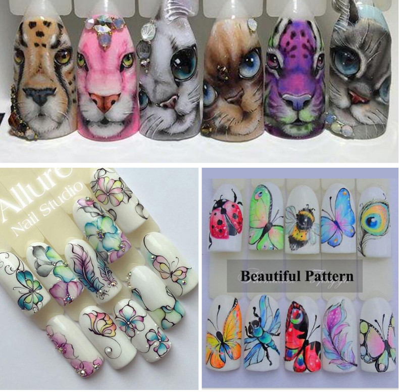 13Pcs Nail Art Water Transfer Lip Cat Butterfly Flora Sticker Tattoo Decals NS48