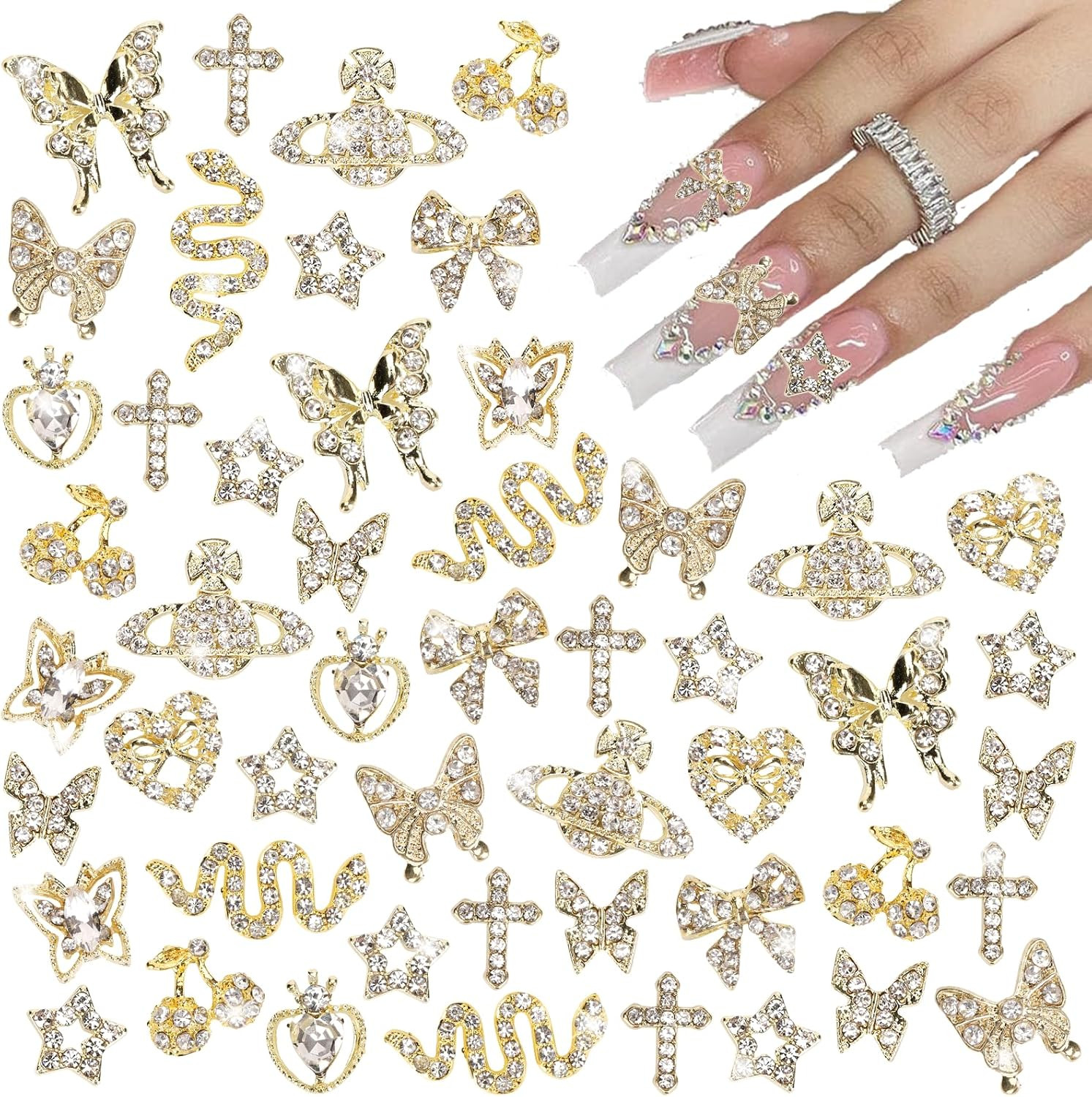 24PCS Nail Charms Y2K Alloy Nail Art Rhinestone Charms 3D Heart Bow Butterfly Ch