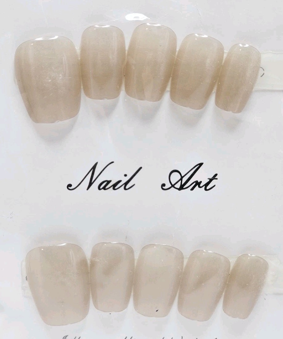Press On Nails Nude Beige Shimmer Glossy Natural Medium Length Set
