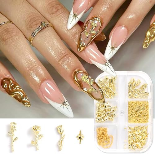 3D Metal Rose Nail Art Charms – Mixed Styles Gold Roses Flowers Alloy Nails