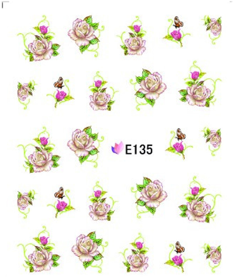 Nail Art 3D Decal Stickers pink roses with green leaves red buds butterfly E135
