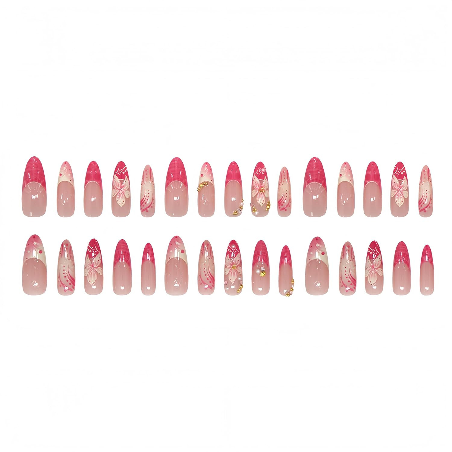 24Pcs Pink Flower Press on Nails Long Almond French Tip Fake Nails with 3D Gold