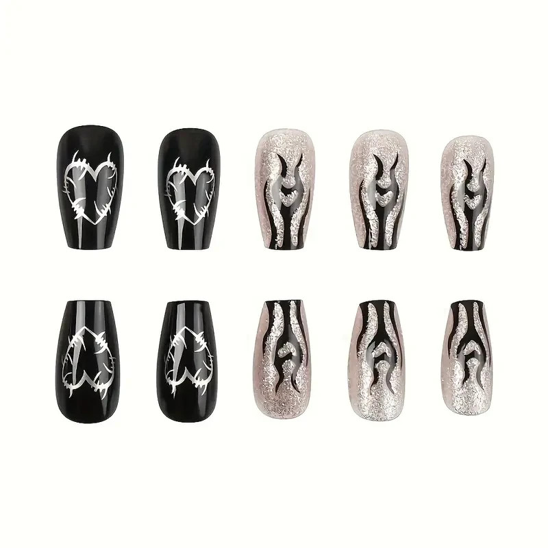 Ballet Press-On Jelly Nails 24pcs | Black Glitter Hearts & Flames Nail Set