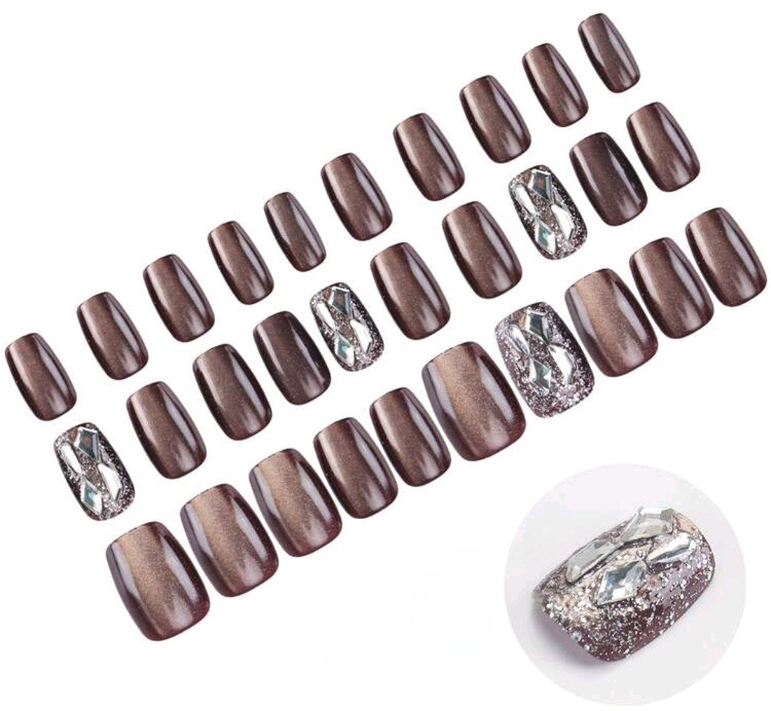 Press-On Nails Brown Bronze w/3D Silver Stone Accents on Glitter Nails *30 pcs*