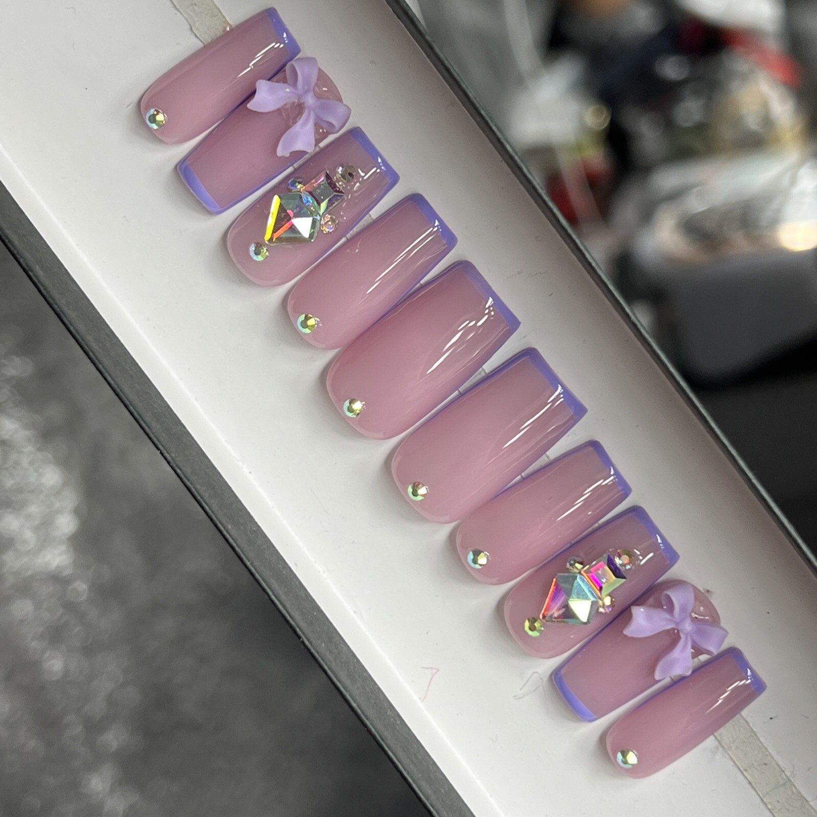 💜💎 CUSTOM Press On Nails FRENCH PURPLE BOW BLING Rhinestones 10p SET W Kit