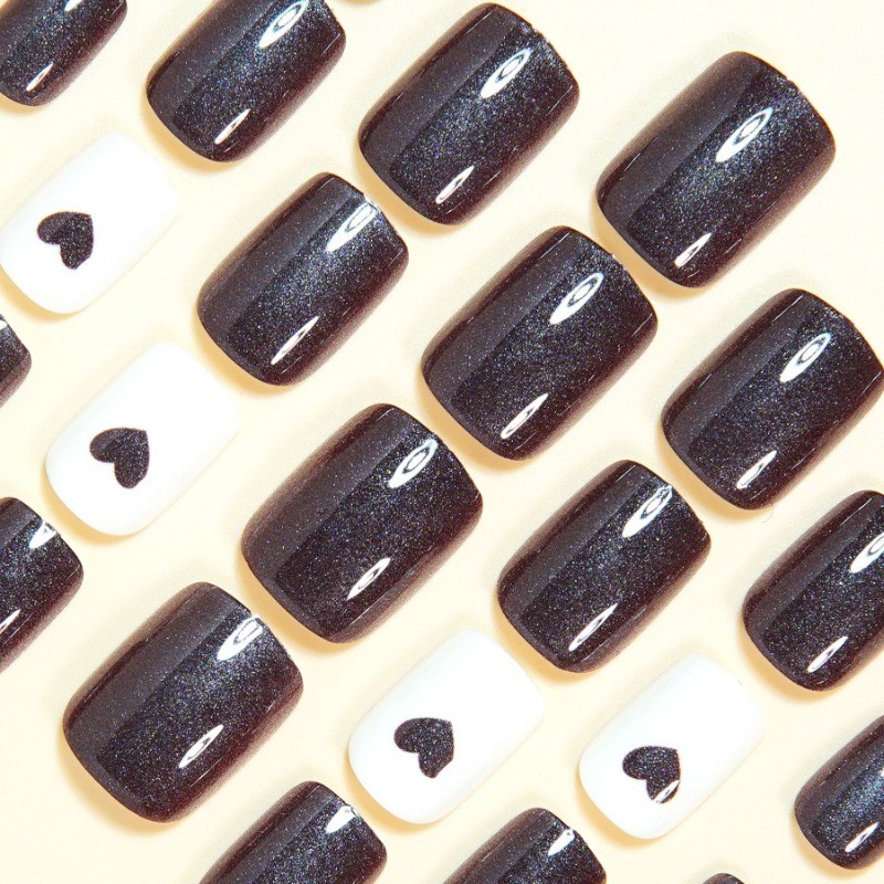 48PCS Short Square Brown Heart-shaped Reusable Brown Beige Fake Nail Art