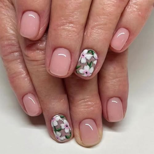 Nude Press on Nails Short Square Fake Nails with White Flower Design Green