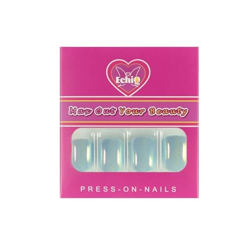 Light Blue Laser Press On Nails – Mirror Like Fake Nails – Round Blue Metal