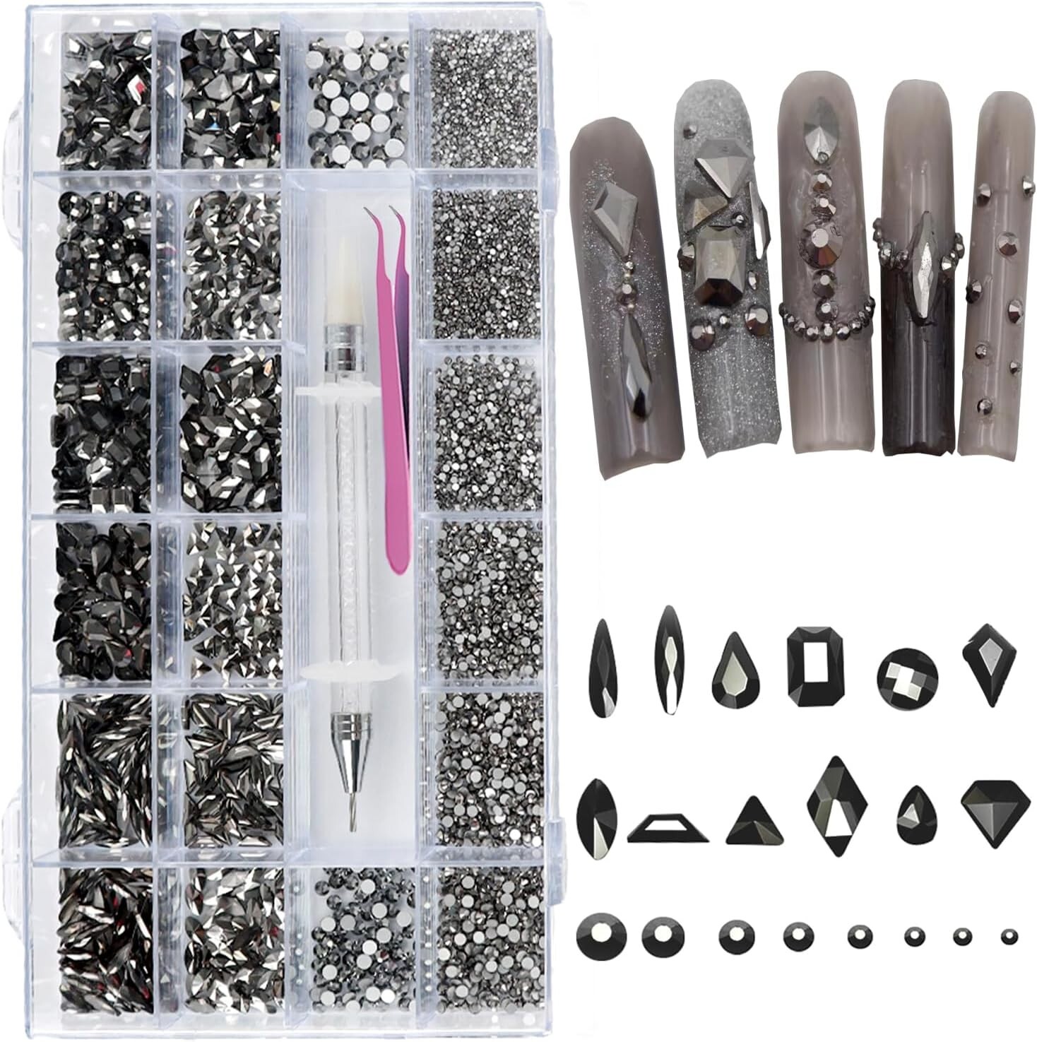 6080pc Black Nail Art Rhinestones with Multi Shapes 3D Flatback Crystals Diamond