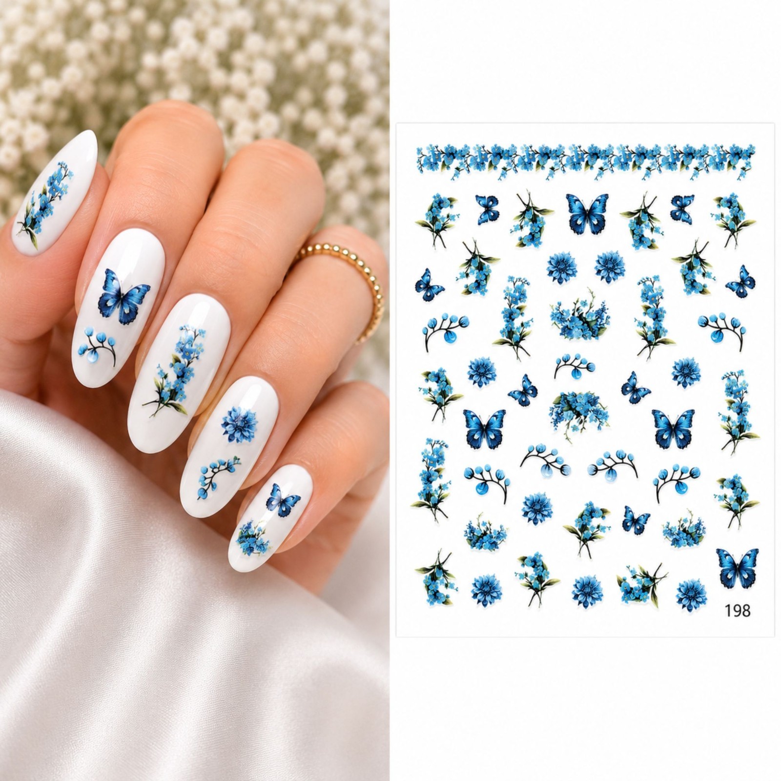 Blue Butterfly Water Transfer Nail Stickers Blue Spring Flower Decals Manicure
