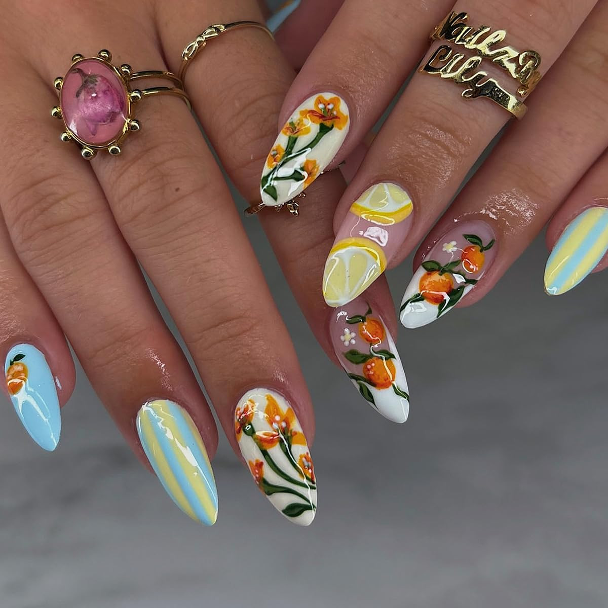 30Pcs Summer Colorful Press on Nails Short Almond Fake Nails with 3D Cartoon Eye