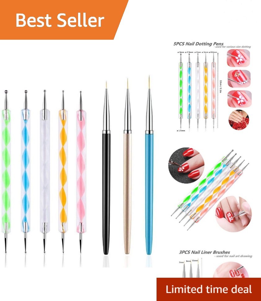 5PCS Dotting Pens with 3 PCS Nail Painting Brushes, Nail Art Design Tools