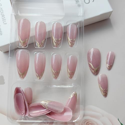 French Tip Press on Nails Medium Almond Fake Nails Bling French Tip Nails-19