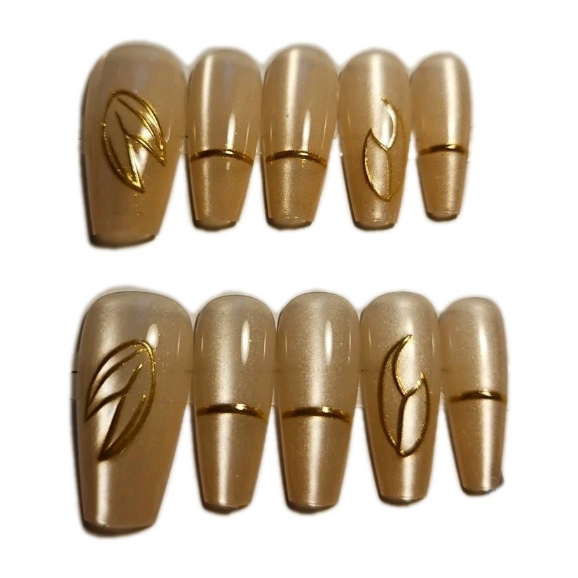 Press-On 10 2 Tone Pale White Brown Cat Eye Nails