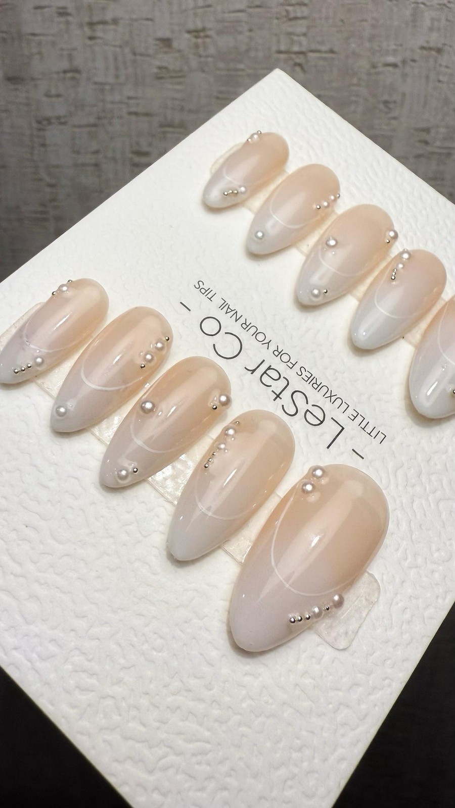 Handmade Sheer Nude White Line Pearl Bead Long Almond Press on Nails Set