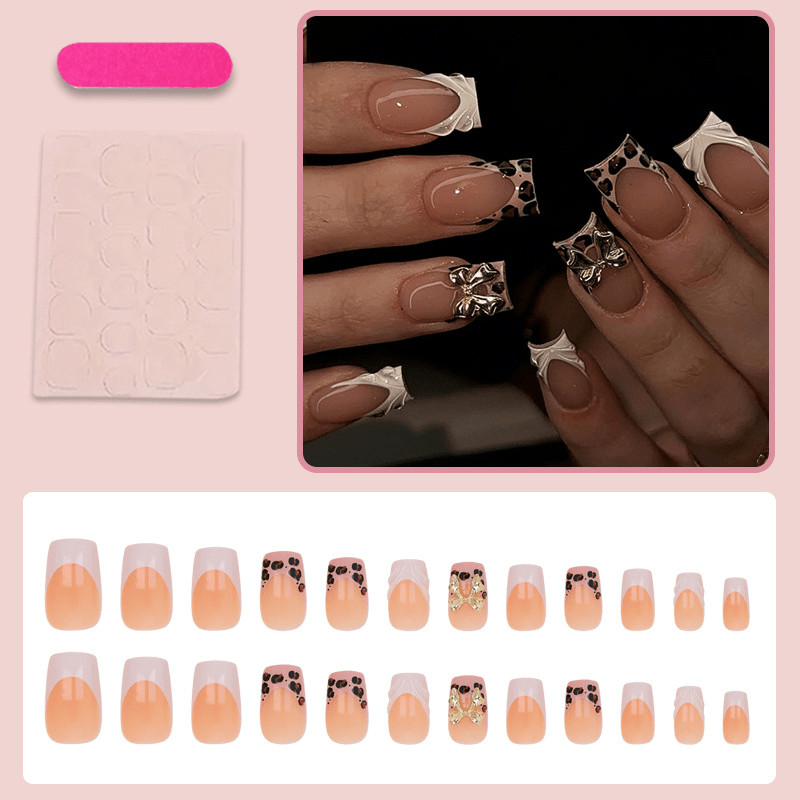 48pcs Short Square Press on Nails, Nude Leopard Gold Bow Wavy French Nails