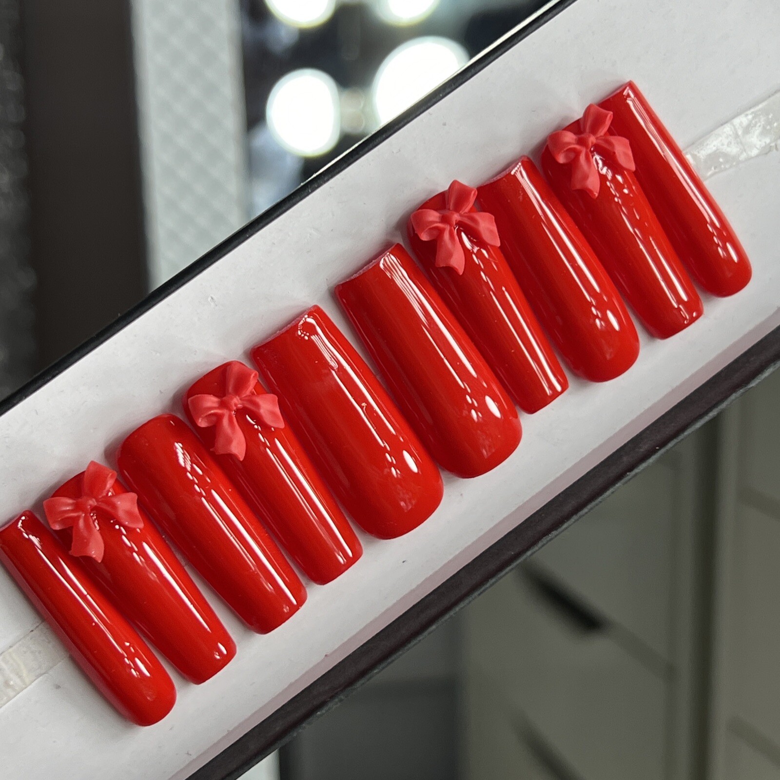 🔥CUSTOM Gel Press On Nails, CLASSIC RED BOW, 10p set FULL SET W Kit LONG SQUARE