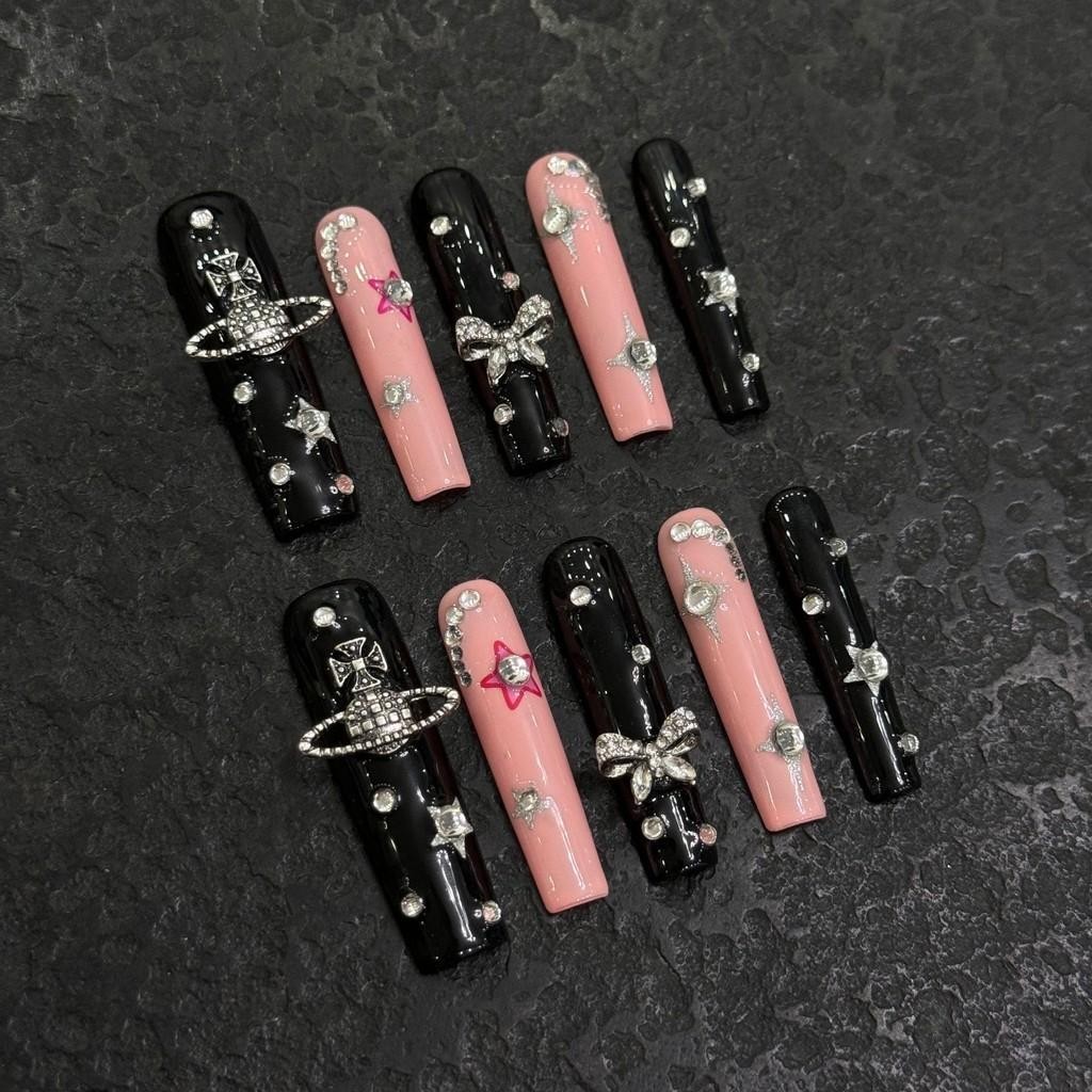 Handmade Press On Nail Black Pink 3D Silver Planet Diamond Star Luxury Fake Nail