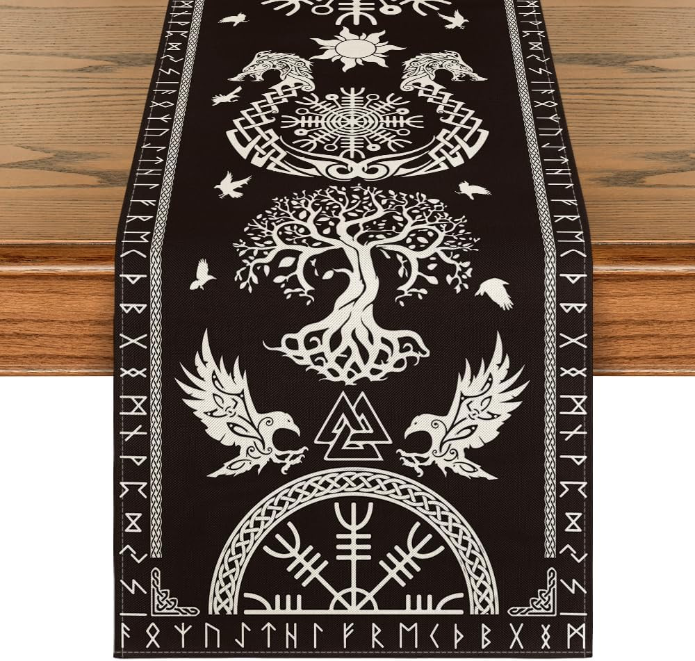Black Viking Tree of Life Raven Helmet of Awe Table Runner, Seasonal Kitchen Din