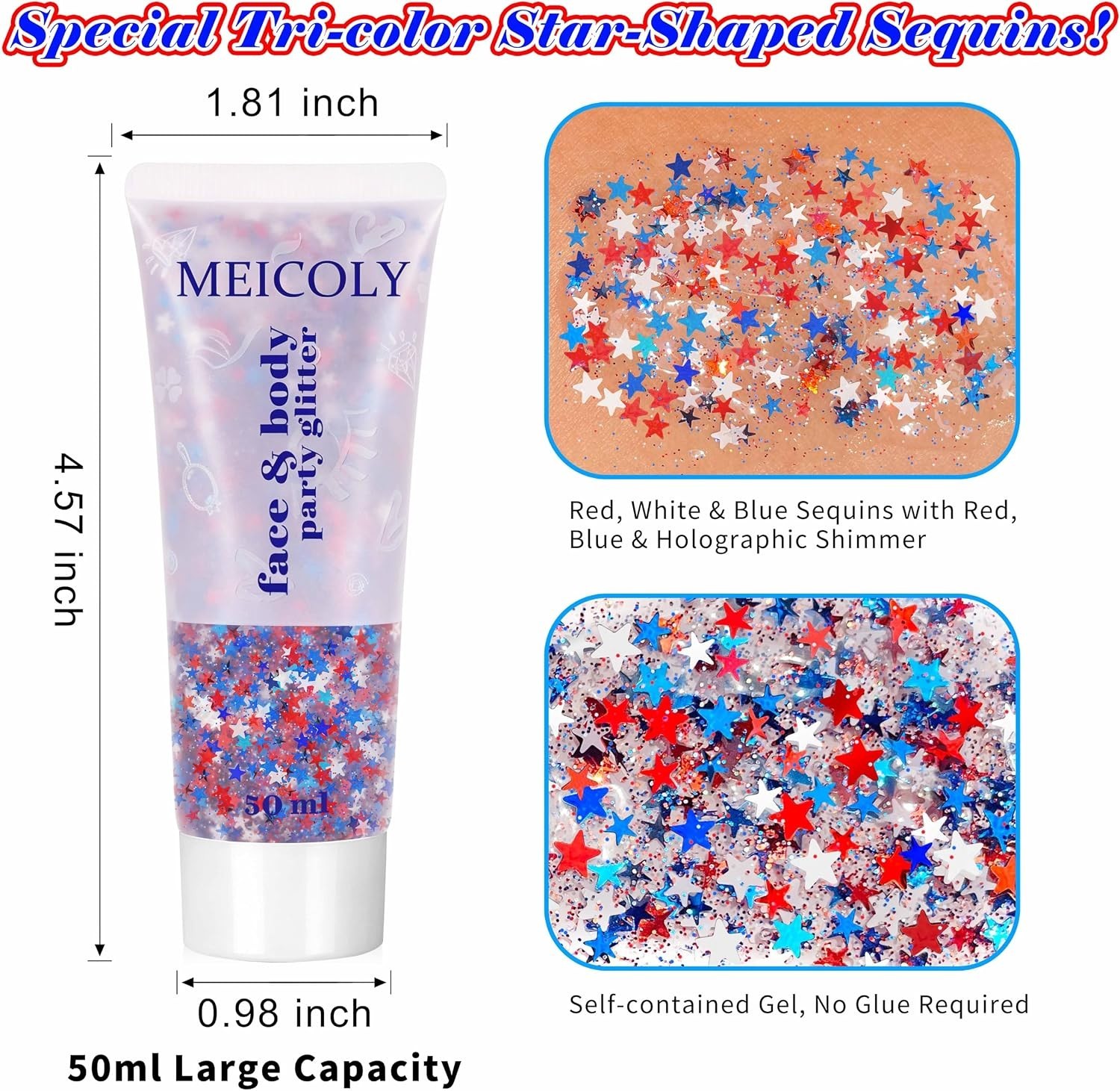 50g Star Shaped Red White and Blue Body Glitter Face Glitter Gel, Patriotic A…