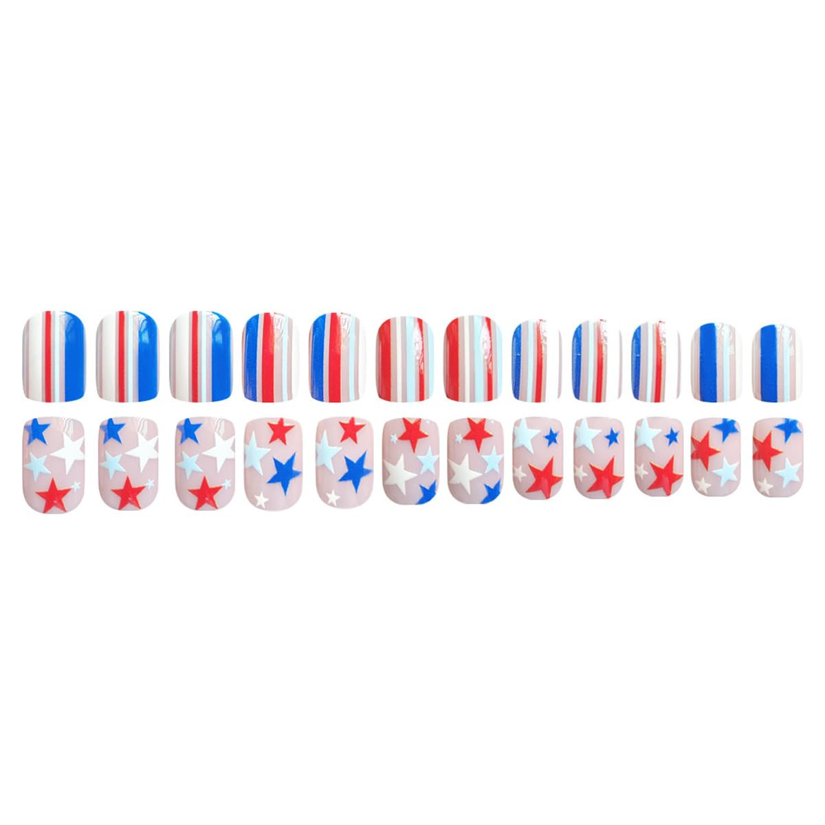 4Th of July Press on Nails Short Square – Red White & Blue Stars & Stripes Desig