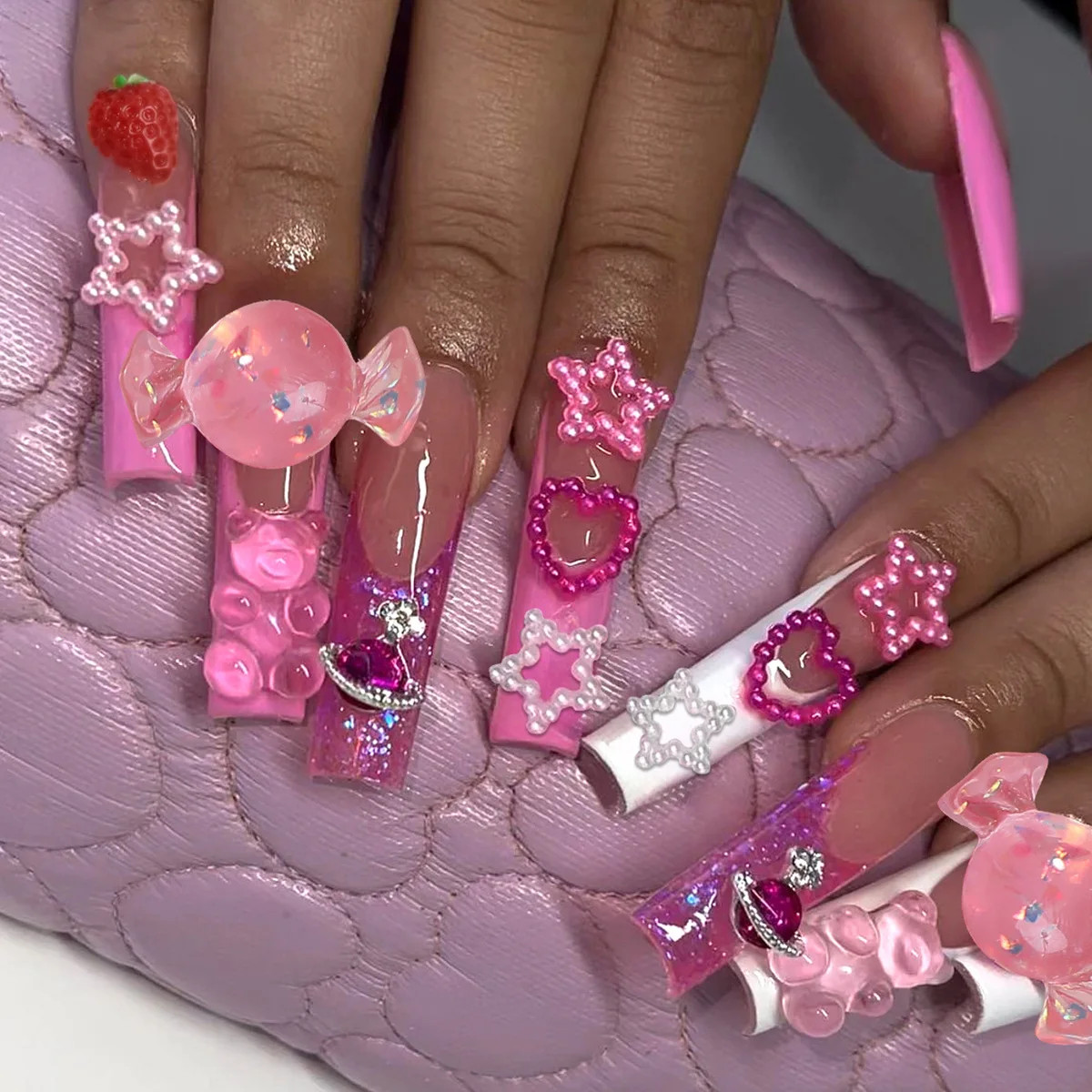 24pcs 3D Flower Bowknot False Nails Y2K Long Coffin Press On Nails