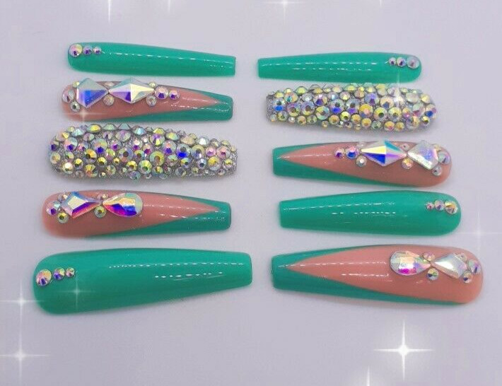 XXL Teal Turquoise Green Rhinestones Beach Destination Wedding Ocean Nails