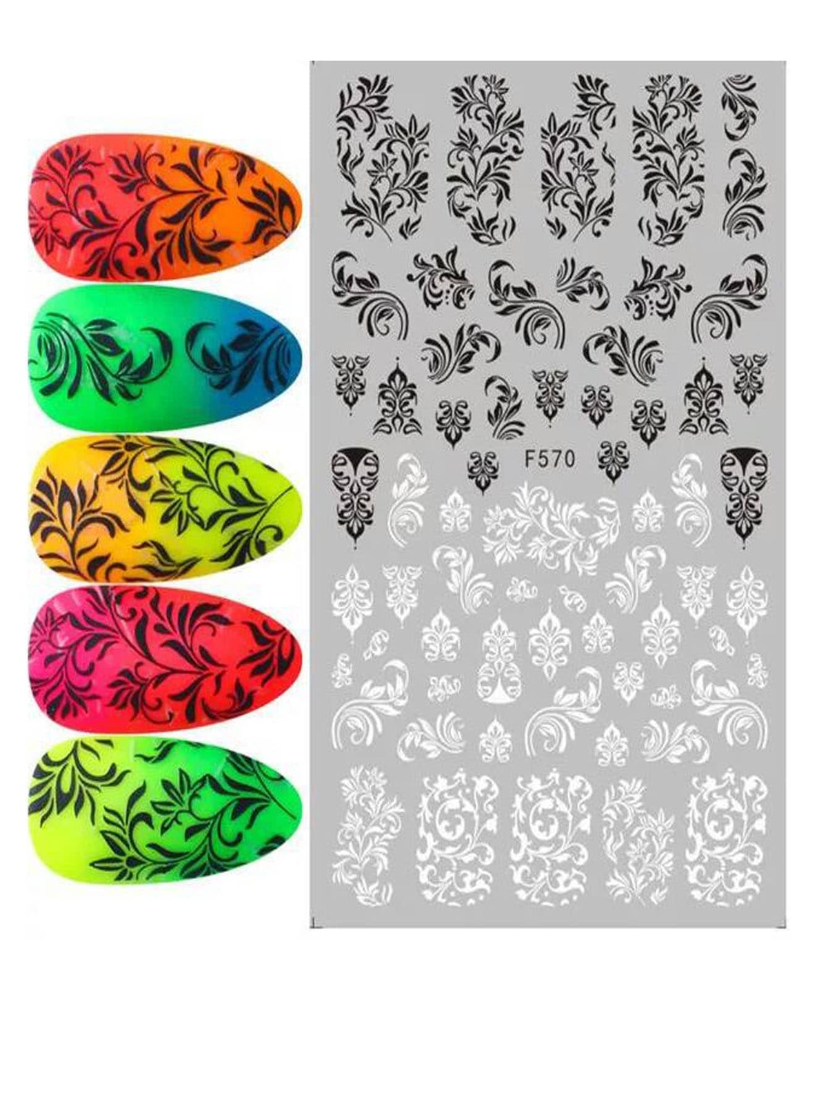 6Sheets Lace Flowers Nail Stickers Nail Decals White Black Lace Floral Nail