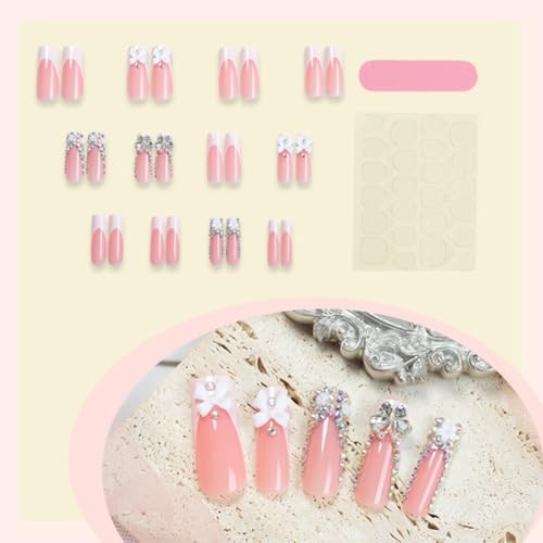 Long Square Press On Nails French Tip White Fake Nails with Butterfly Charm