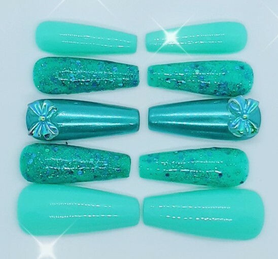 Turquoise Teal Blue Nails Kawaii Bow Glitter Nails-Clearance