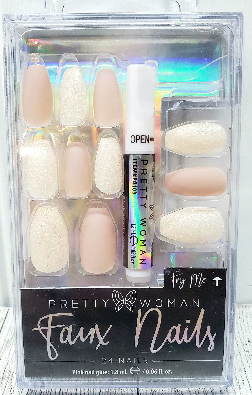 Pretty Woman 24 Faux Nails Beige Cream Glitter Glue Included Medium Coffin Shape