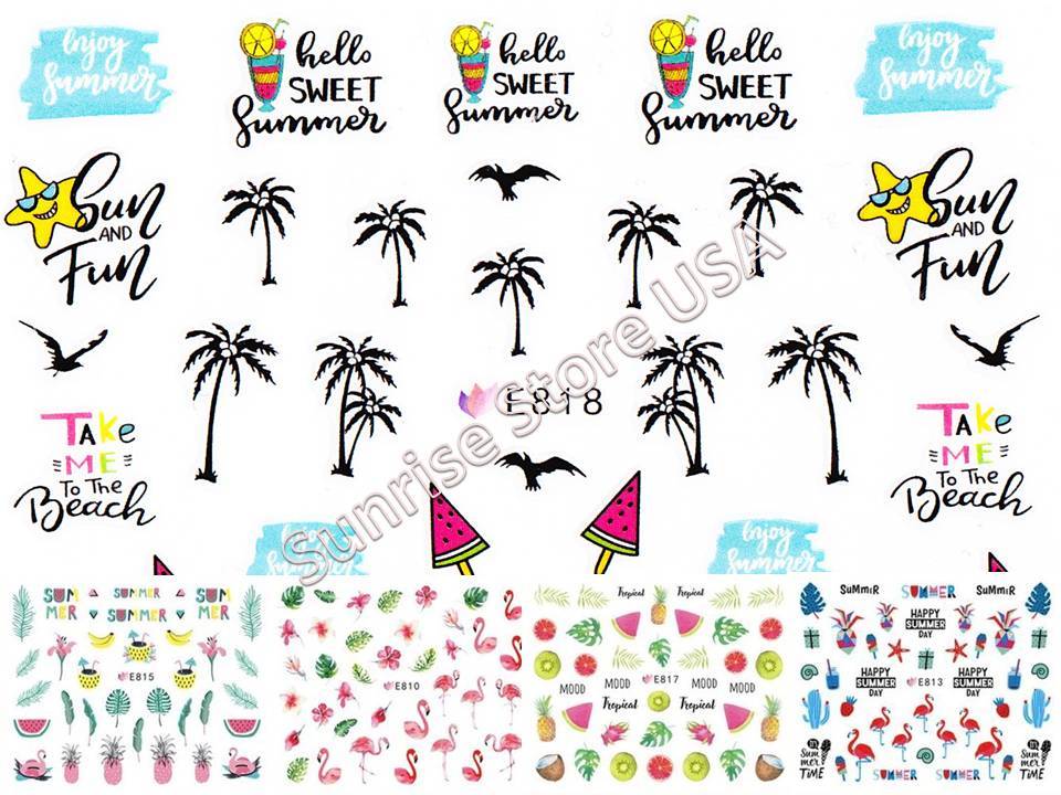 11 Design 3D Nail Art Sticker Summer Palm Tree Flamingo Bird Fruit Flower Decals