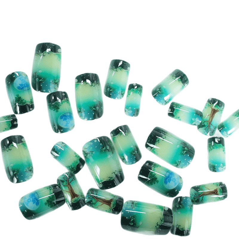 48Pcs Coffin Green Moon Forest Hand Painted Press on Nails Art Vacation Wear