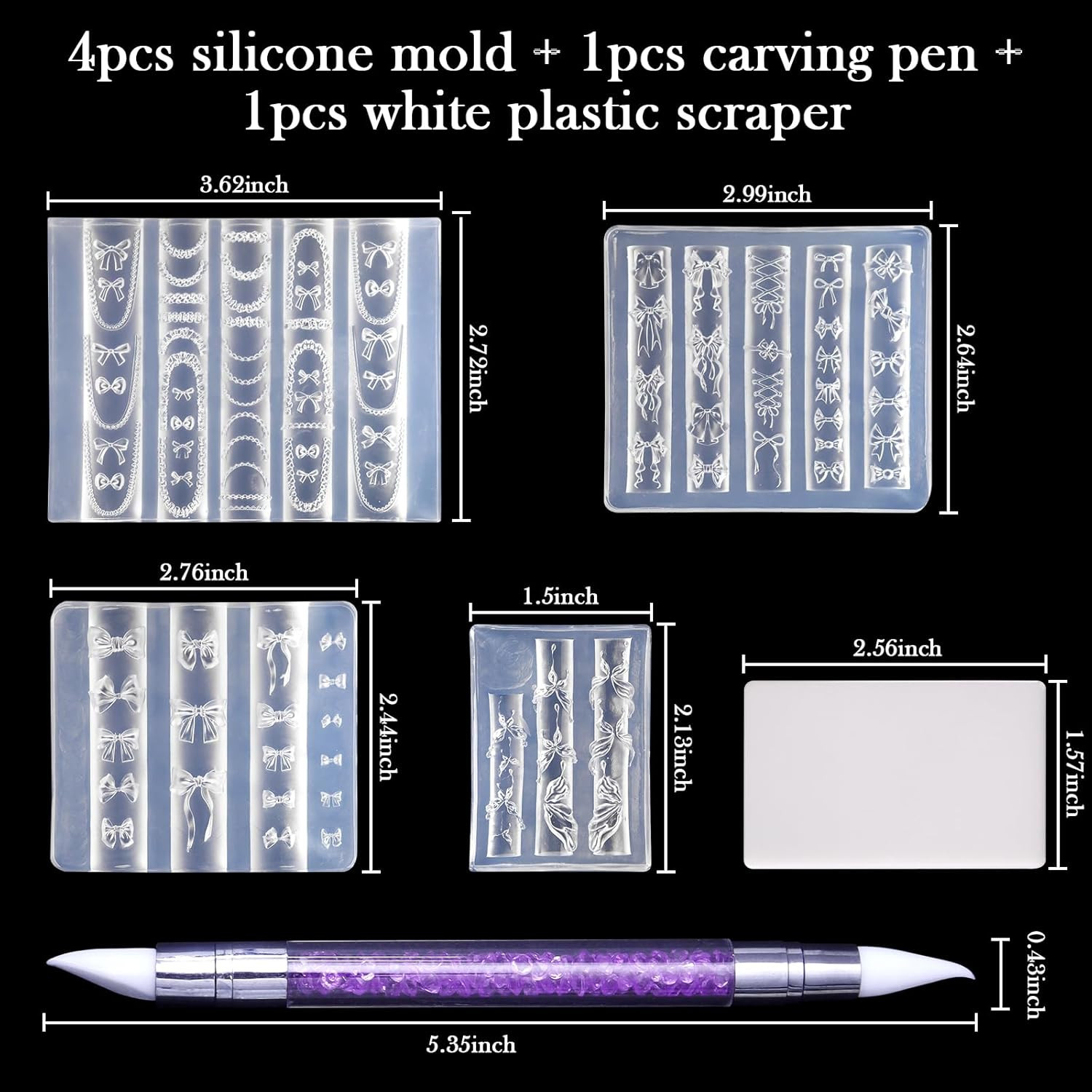4Pcs Bowknot Silicone Nail Art Molds, 3D Multiple Shapes Ribbon Lace Bows Charms