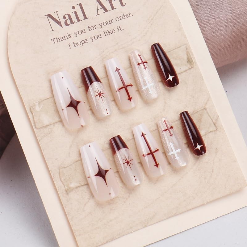 French Tip Press on Nails Dark Red Cross Stars Design Medium Gradient for Glo…