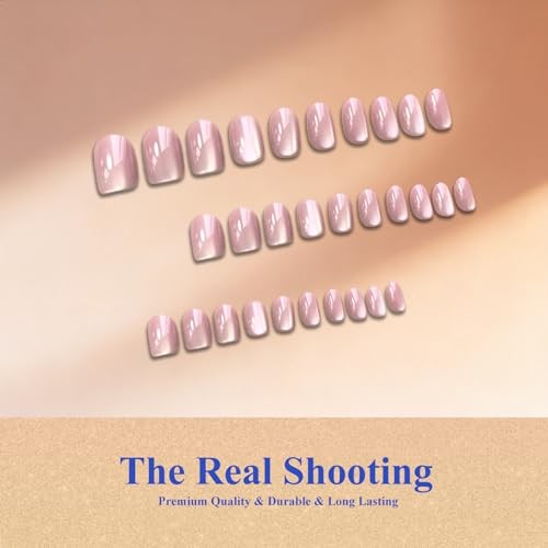 Cat Eye Press on Nails Short, Chrome Press on Nails Oval, Thick Glazed Pink