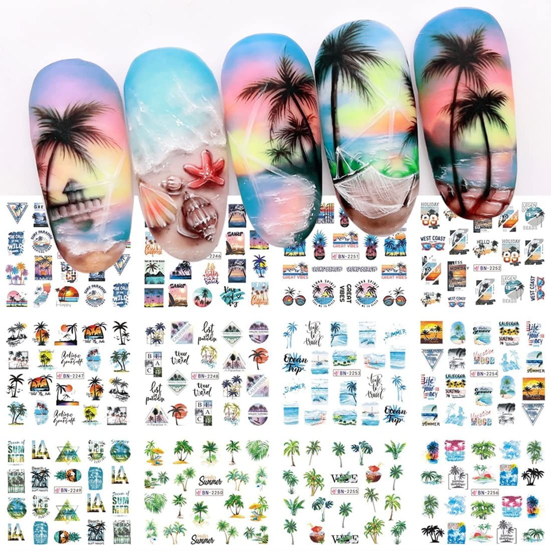 12pcs Summer Palm Tree Nail Art Stickers Decals Water Transfer Coconut Tree N…