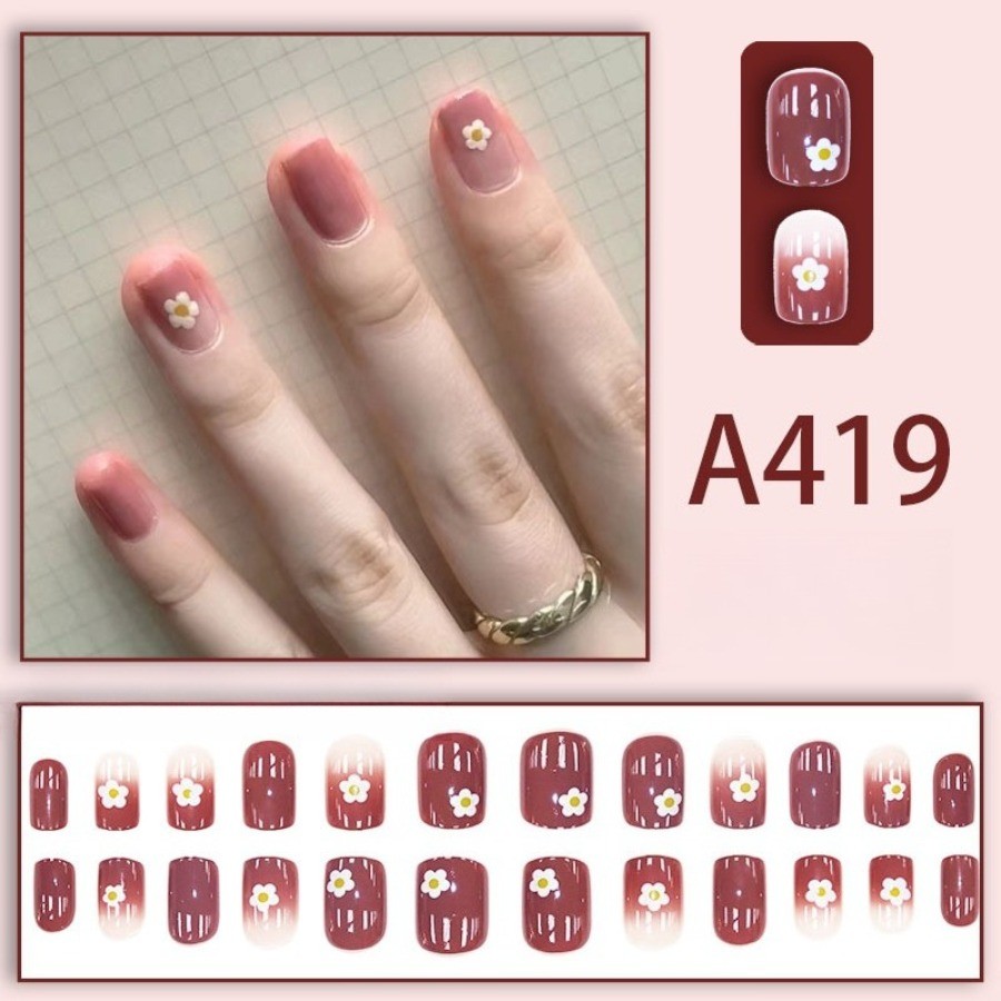 48P Short Square Press on Nails, Dusty Pink Nails with Hand Painted Daisy Flower