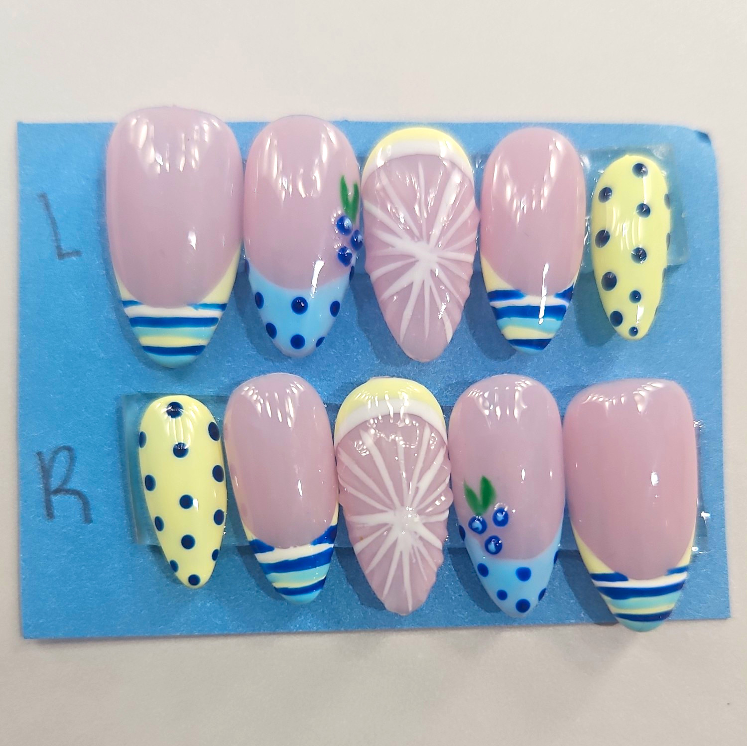 Pink Blue Yellow Floral Press-On Nails Long Almond Acrylic Shiny Pre-Designed